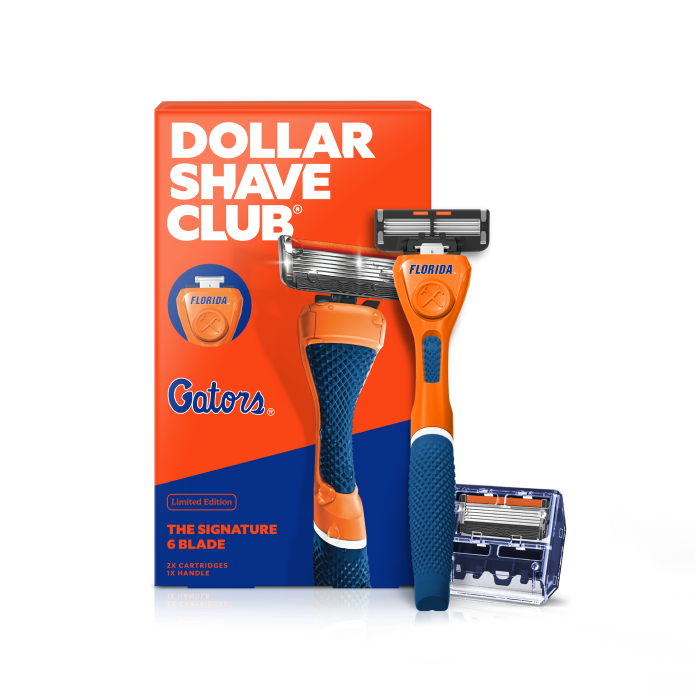 Dollar Shave Club razor with packaging featuring University of Florida Gators branding on a white background