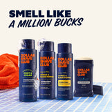 Dollar Shave Club products including body wash, shampoo, conditioner, and antiperspirant on a checkered surface with text 'Smell Like a Million Bucks'.
