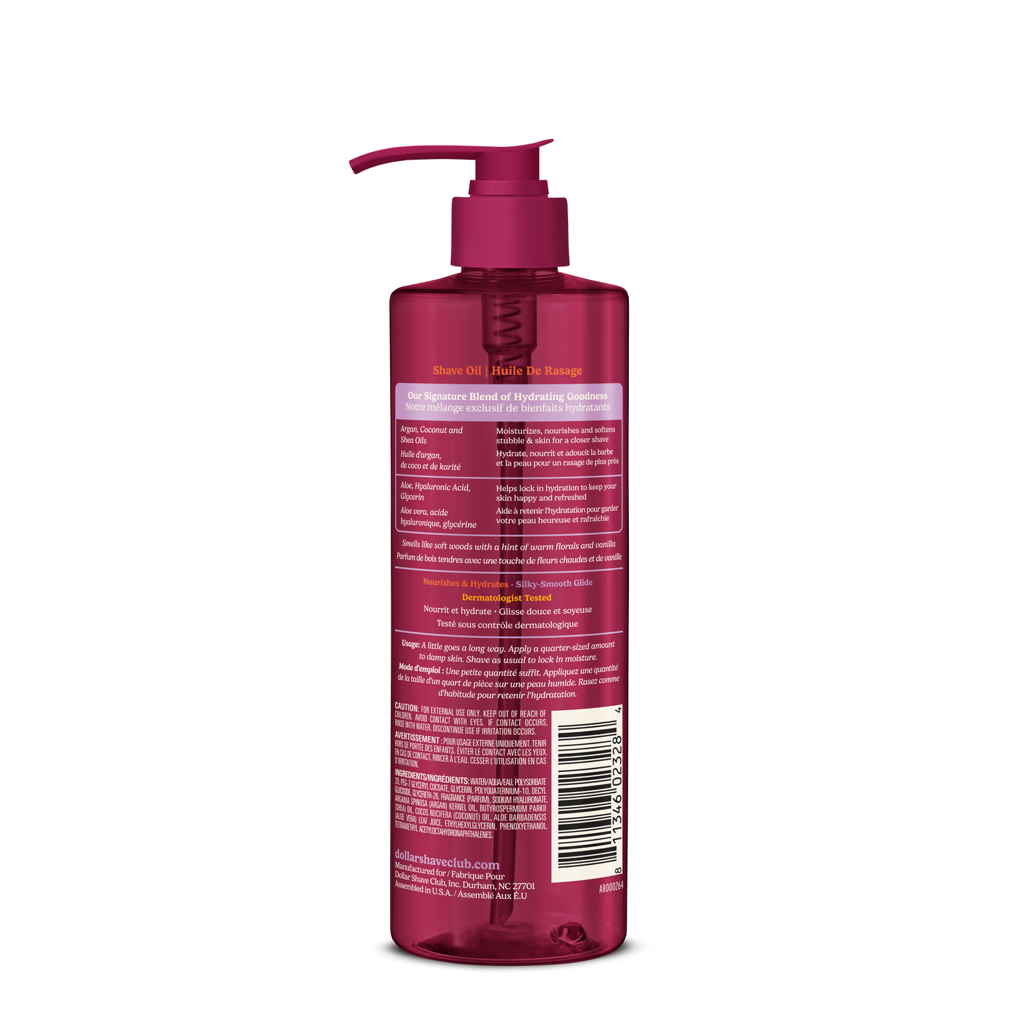 Dollar Shave Club shave oil bottle with pump on a black background, back of bottle