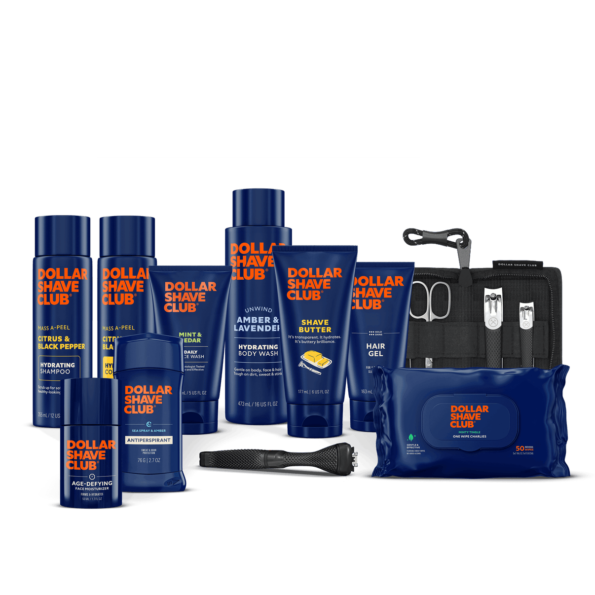 Collection of Dollar Shave Club products including bottles, a pouch, and grooming tools on a black background.