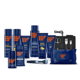 Collection of Dollar Shave Club products including bottles, a razor, and grooming items on a black background.