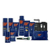 Collection of Dollar Shave Club products including bottles, a pouch, and grooming tools on a black background.