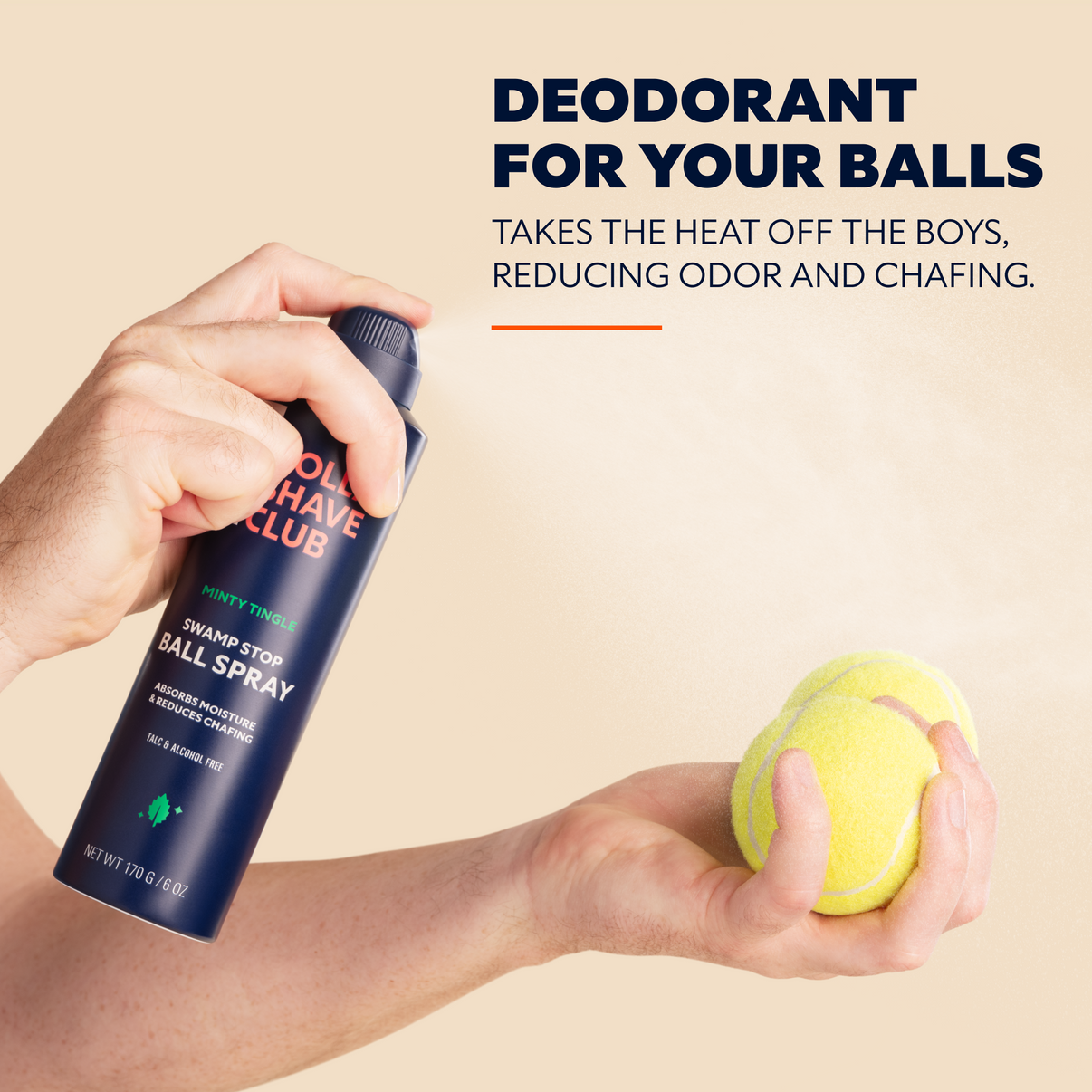 Image of man spraying can of Ball Spray on 2 tennis balls with the words "Deodorant for your balls. Takes the heat off the boys, reducing odor and chaffing"